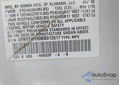 2011 Honda Pilot Touring from USA, damaged, VIN 5FNYF4H90BB012617